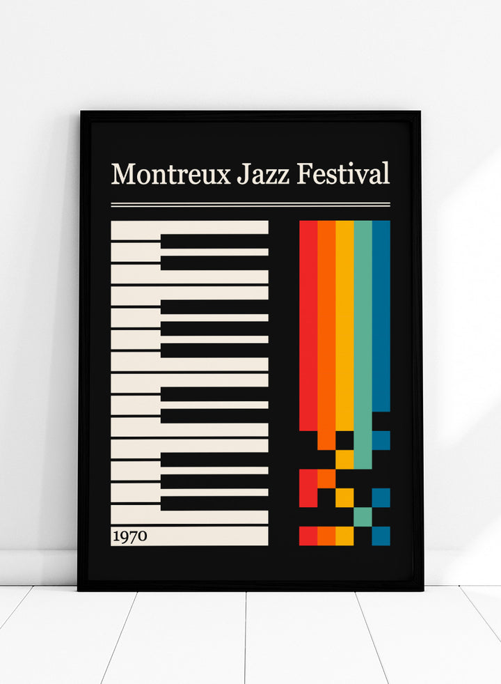 Montreux Jazz Festival 1970 poster design with a black background, white piano keys on the left, a vertical rainbow stripe graphic on the right, and the festival title at the top. Colorful Jazz Keyboard by Retrodrome retro music art print featuring piano keys, Montreux Jazz Festival typography, and bold 1970s color blocks.