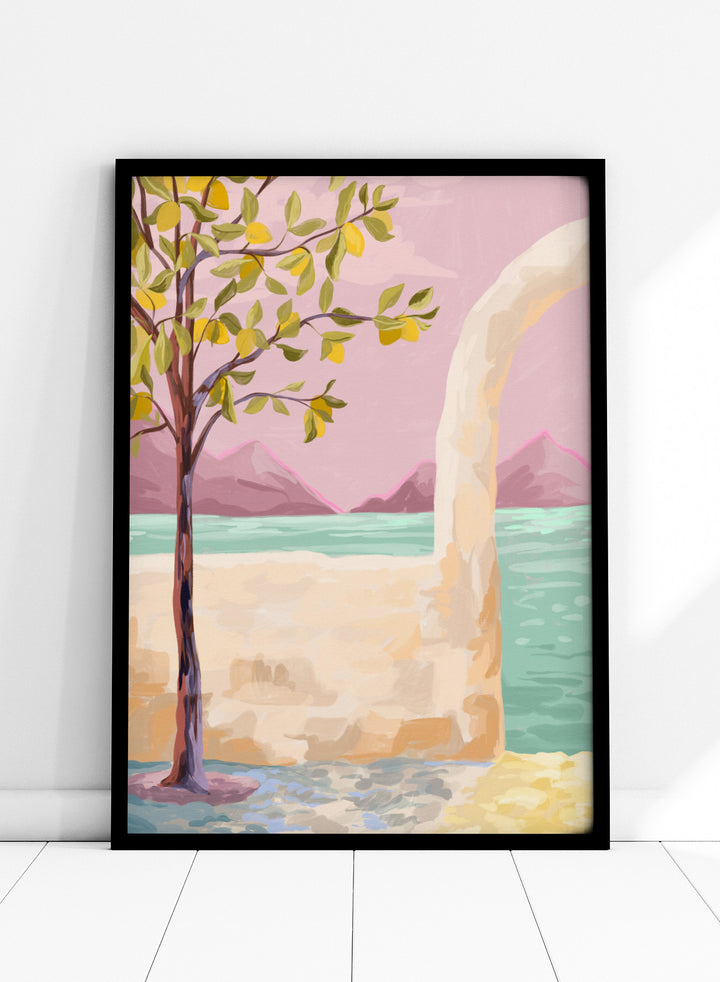 Artistic depiction of a tree by a lake with mountains in the background. Lemon Tree by Goed Blauw is a coastal art print and wall poster featuring a lemon tree, soft pastel sky, and ocean view in warm tones.