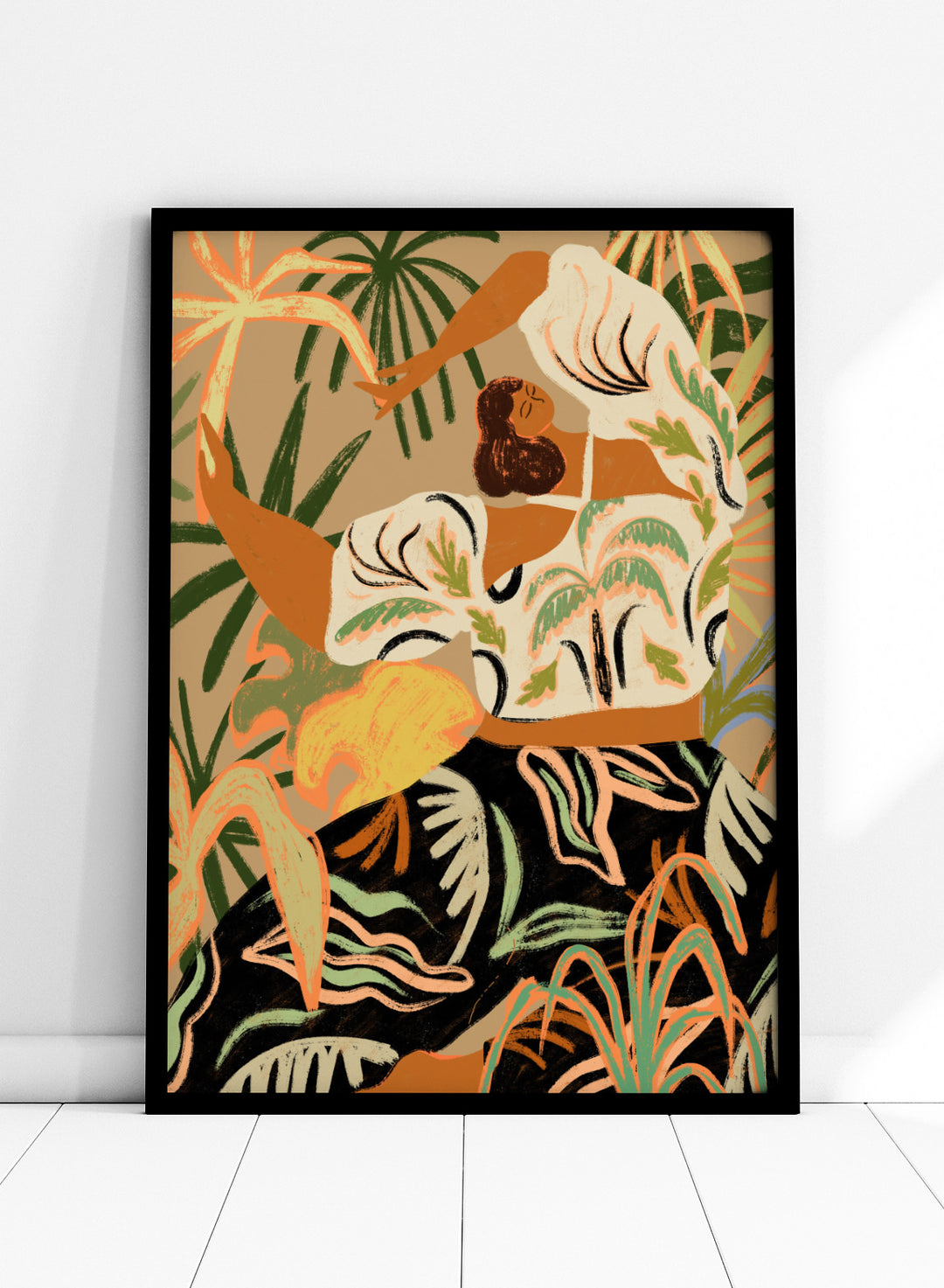 Artistic depiction of a woman in a floral dress with tropical plants in the background. Nature Embrace by Arty Guava art print featuring woman surrounded by tropical plants, flowing botanical illustration, and warm contemporary nature wall art poster.