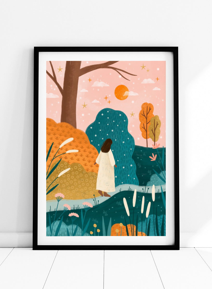 Shop Dreamy Path Exploration by Bea Müller, a figurative autumn landscape wall art print poster featuring a woman on a colorful garden path in blue and orange tones.