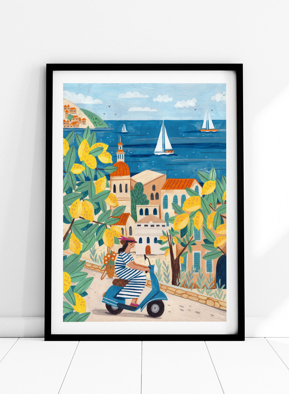 Illustration of a woman on a scooter with lemon trees and a coastal town in the background. Lemon Grove Scooter Ride by Caroline Bonne Müller summer coastal illustration art print with lemons, scooter and seaside town, colorful wall art poster