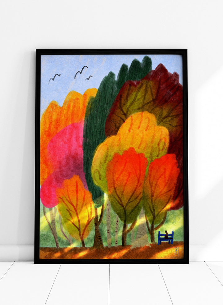 A colorful abstract landscape painting featuring stylized trees in shades of orange, yellow, red, green, and pink under a light blue sky with birds. Shop Cat On a Park Bench and Autumn Trees by Dirkie Nell, a colorful autumn landscape and animal art print featuring a black cat, park bench, and vivid fall trees.