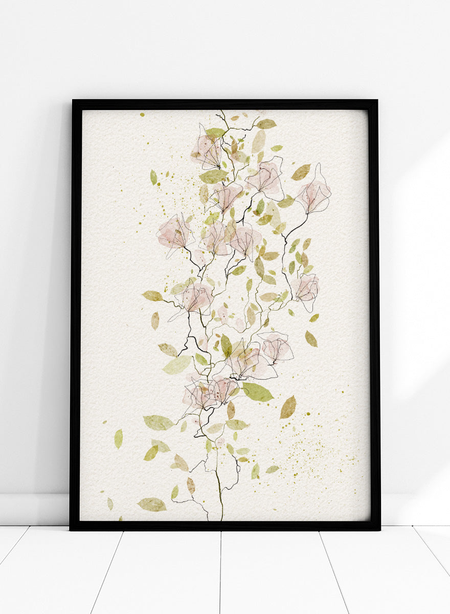A framed botanical art print featuring delicate watercolor flowers and leaves in soft pink, sage green, and olive tones on a textured off-white background. Shop Ethereal Pink Blooms by Ankie Kooi, a floral wall art print poster with pink watercolor flowers, botanical line art, climbing branches, and spring florals.