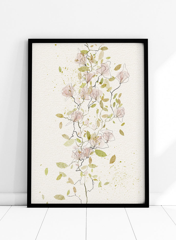 A framed botanical art print featuring delicate watercolor flowers and leaves in soft pink, sage green, and olive tones on a textured off-white background. Shop Ethereal Pink Blooms by Ankie Kooi, a floral wall art print poster with pink watercolor flowers, botanical line art, climbing branches, and spring florals.