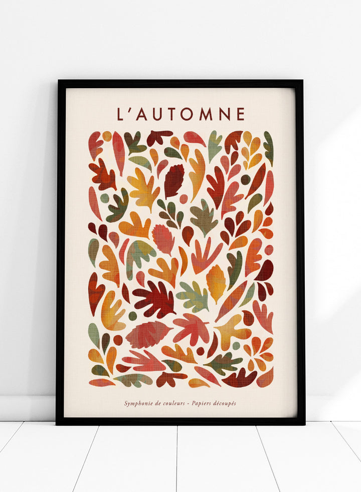 Shop Earthy Organic Leaves by Dominique Vari, an autumn botanical wall art print poster featuring abstract fall leaves in orange, red, olive, mustard, and warm earthy tones.