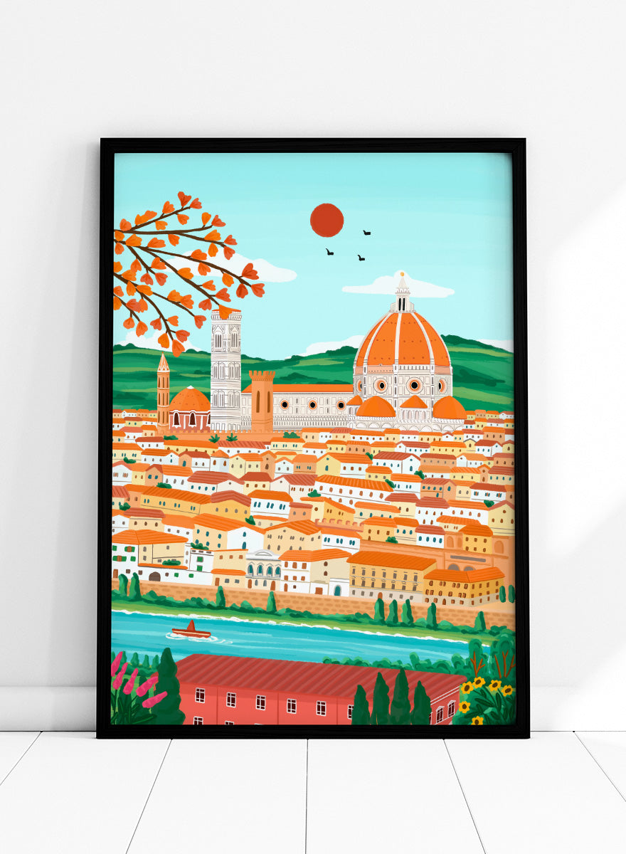 A colorful illustrated cityscape of Florence with the famous dome, towers, clustered buildings, a river, trees, and a red sun in the sky. Shop Florence Autumn Glow by Nidhi Kachhadiya, a colorful Florence wall art print featuring the Duomo, terracotta rooftops, autumn leaves, and warm orange tones.