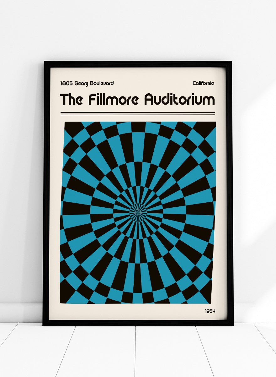 A poster-style graphic for The Fillmore Auditorium, with black text on a cream background and a large central optical illusion pattern in turquoise blue and black radiating inward. Text at the top reads '1805 Geary Boulevard California' and 'The Fillmore Auditorium'; '1954' appears at the bottom right. Psychedelic Checkerboard Vortex by Retrodrome retro music art print inspired by The Fillmore Auditorium, with a blue-and-black optical checkerboard design.