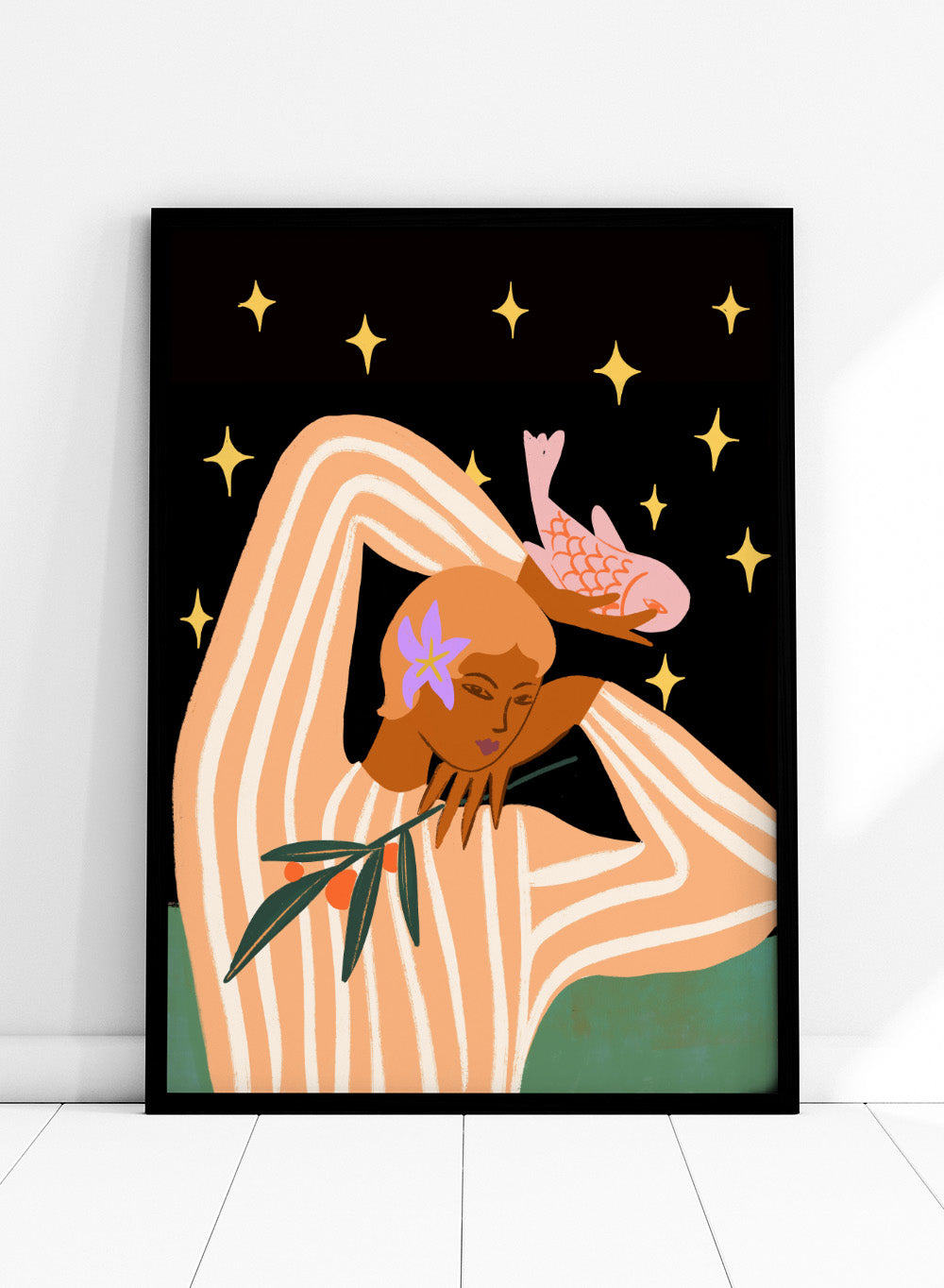 Illustration of a woman with flowers in her hair against a starry night sky. Balance by Arty Guava is a modern surreal woman art print with stars, stripes, and a pink fish. Officially licensed contemporary wall poster.