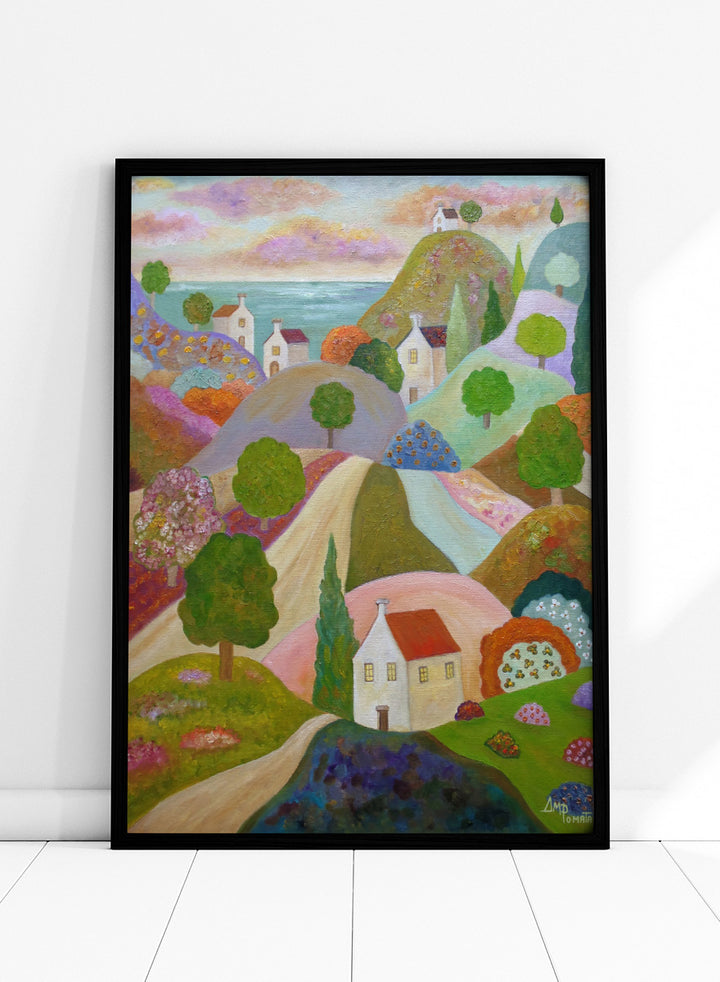 Angeles M. Pomata - Vibrant Coastal Village Art Print