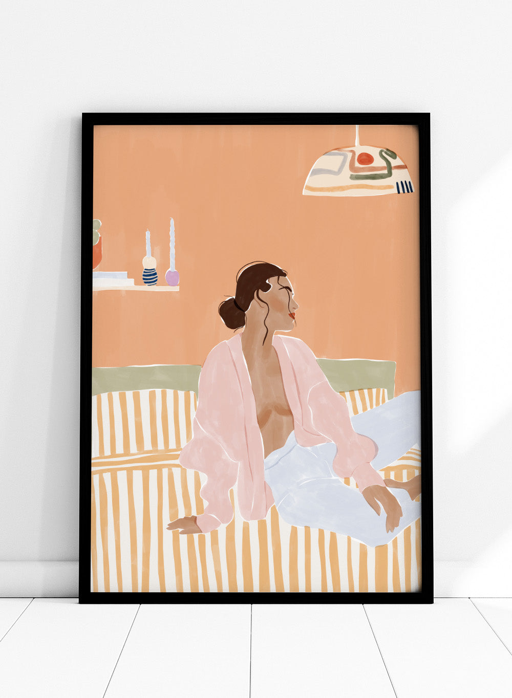 Just Let Me Chill by Ivy Green is a modern lifestyle art print featuring a relaxed woman on a sofa in warm tones. Premium fine art print with optional wood framing.