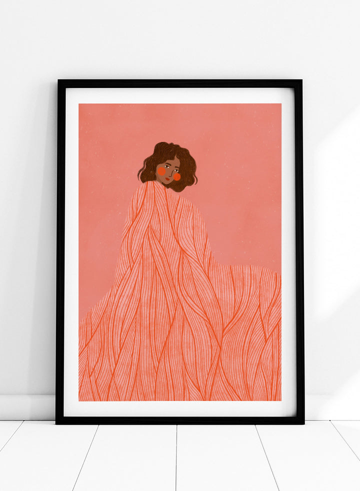 An art print featuring an illustration of a woman with dark curly hair wrapped in a flowing coral-orange patterned dress against a solid pink background. Coral Woman Dreaming by Bea Müller portrait art print featuring a woman wrapped in a flowing coral dress with fine red lines and modern graphic detail.