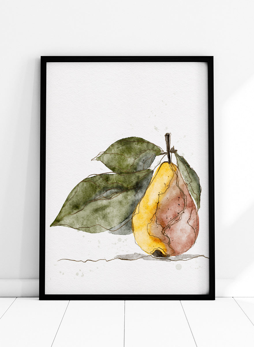 Watercolor painting of a pear with green leaves on a white background. Shop Earthy Pear Watercolor by Ankie Kooi, a botanical fruit wall art print poster featuring watercolor pear art, kitchen decor, green leaves, yellow, and pink.