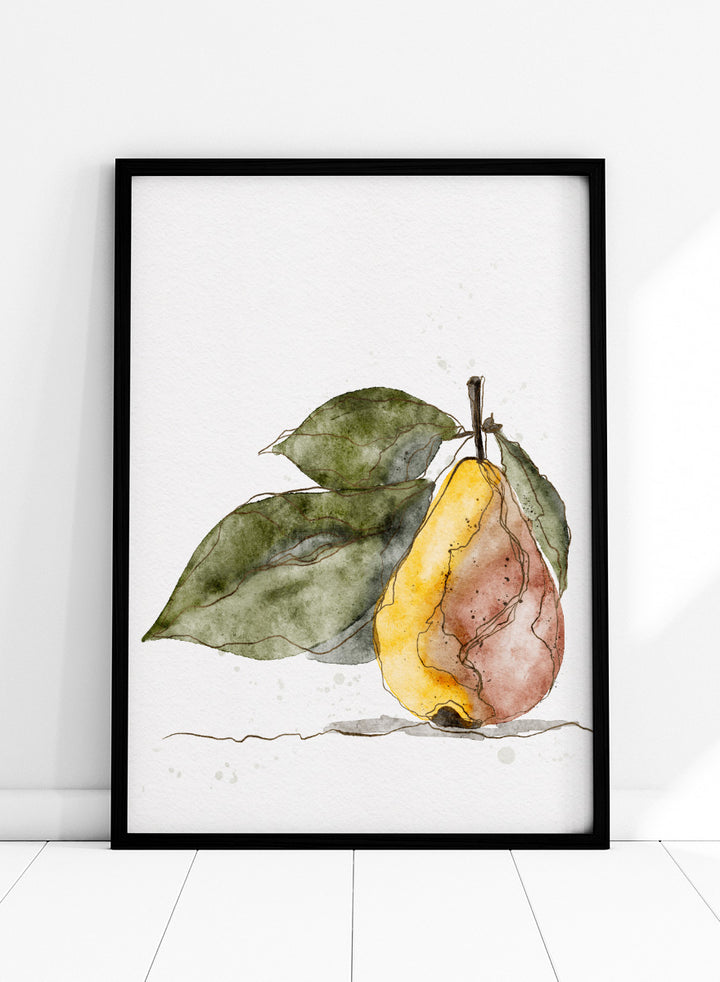 Watercolor painting of a pear with green leaves on a white background. Shop Earthy Pear Watercolor by Ankie Kooi, a botanical fruit wall art print poster featuring watercolor pear art, kitchen decor, green leaves, yellow, and pink.