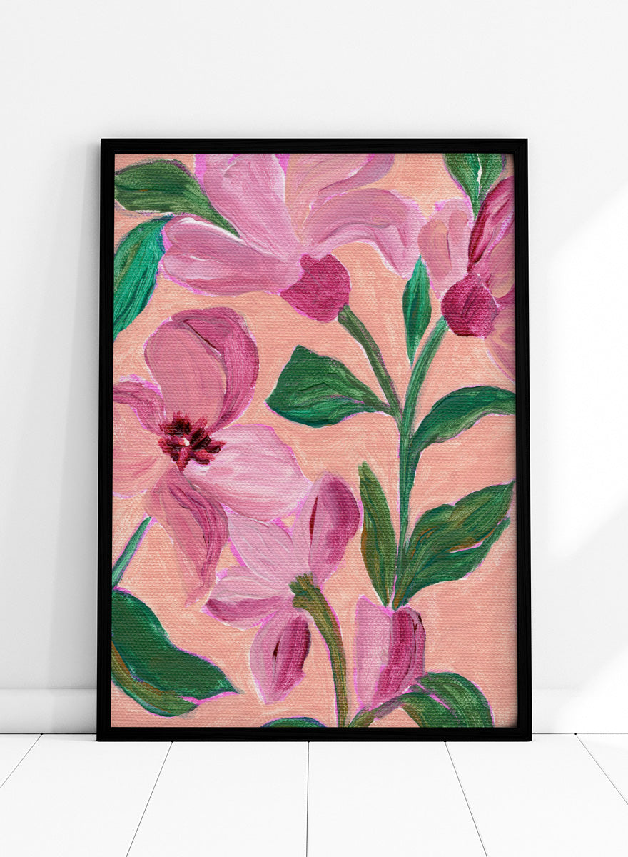 Shop Vibrant Pink Blooms by Nikita Jariwala, a floral wall art print poster featuring oversized pink flowers, lush green leaves, and a bold botanical composition.