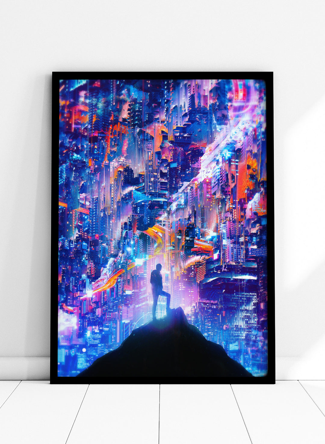 Person standing on a hill overlooking a futuristic cityscape with vibrant colors. Neon City Dreamer by Nicebleed is a surreal cyberpunk city art print featuring a lone figure in a neon glitch skyline, modern aesthetic wall poster.