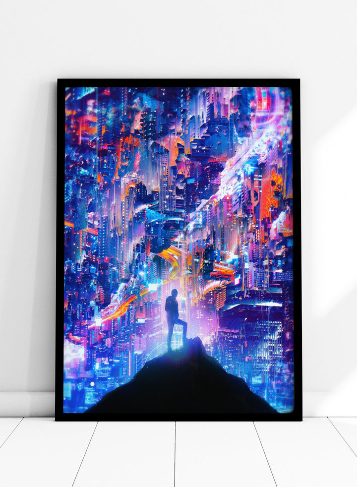 Person standing on a hill overlooking a futuristic cityscape with vibrant colors. Neon City Dreamer by Nicebleed is a surreal cyberpunk city art print featuring a lone figure in a neon glitch skyline, modern aesthetic wall poster.