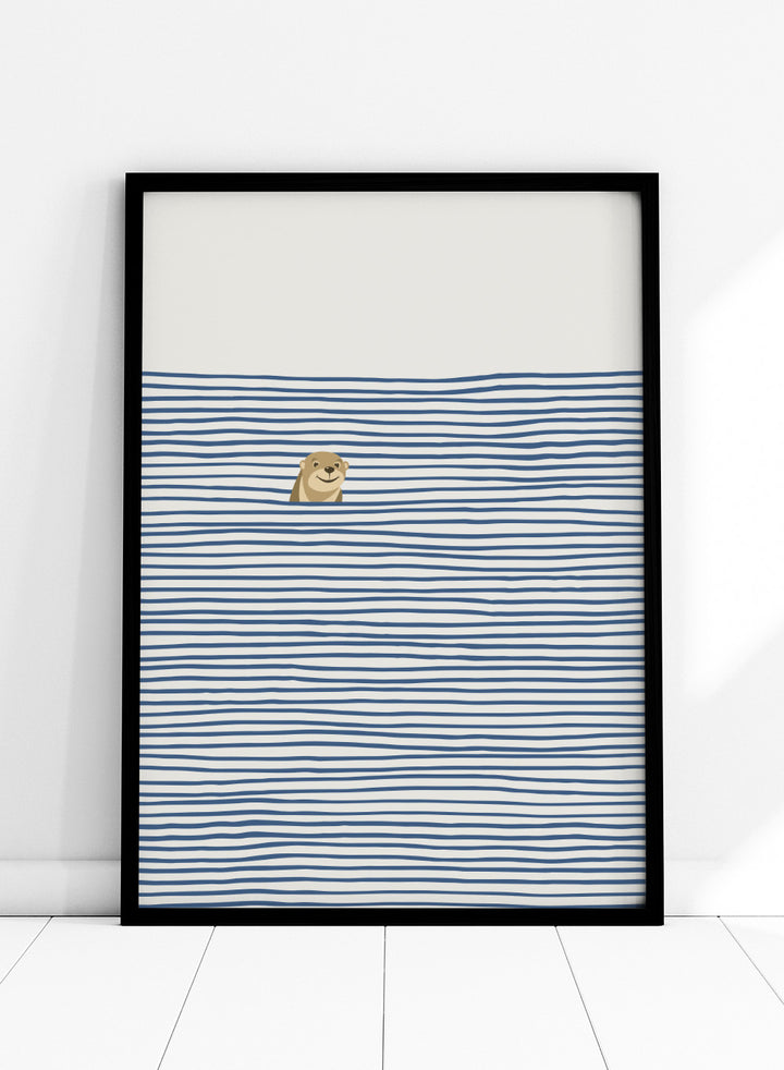 Otter in the Waves art print by Little Dean. Playful contemporary wall art featuring a smiling otter, blue wave pattern, minimalist illustration, and modern poster design.