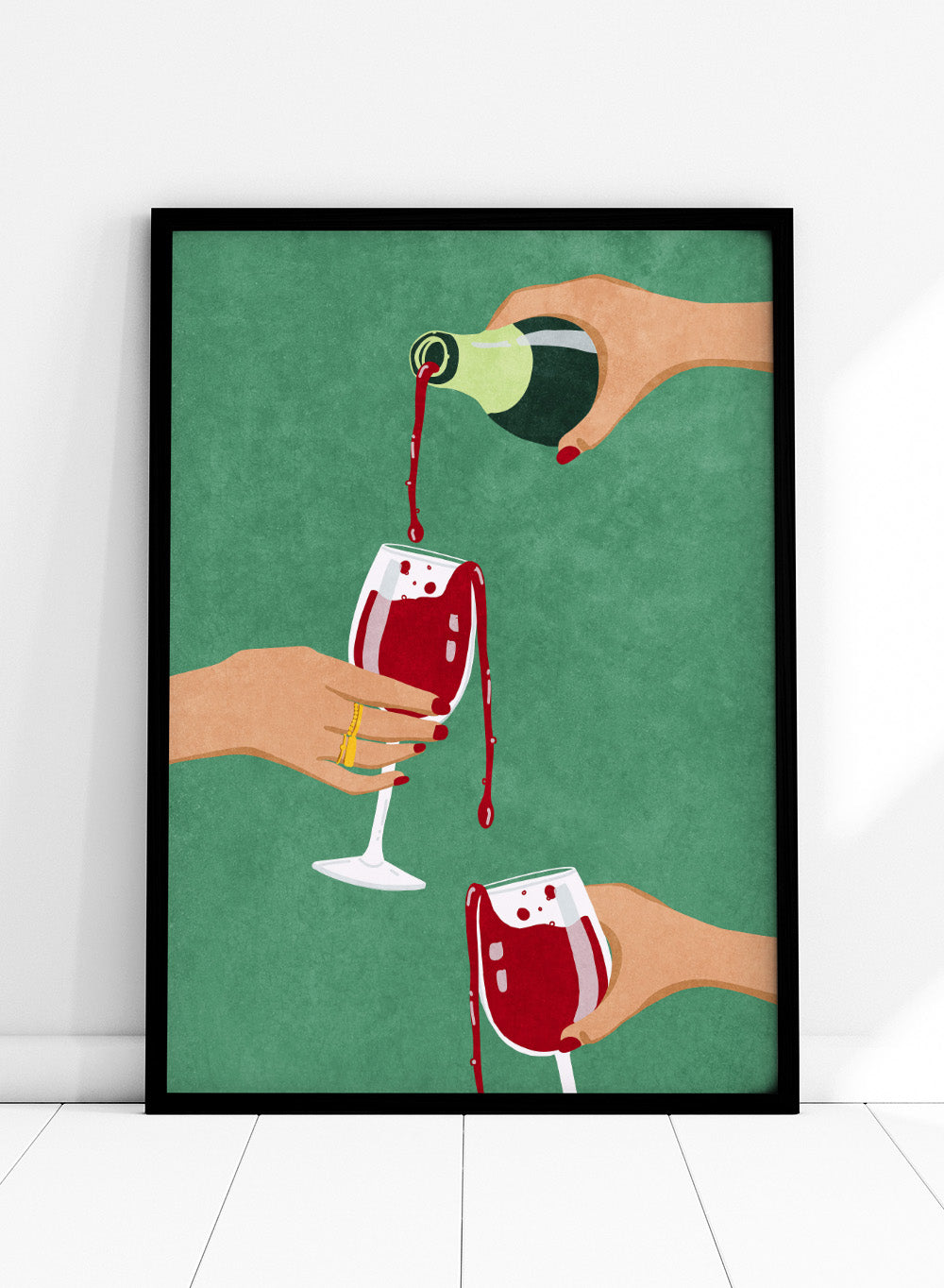 Illustration of hands pouring red wine into glasses on a green background. Cheers Girls by Raissa Oltmanns is a modern wine art print featuring bold red glasses and contemporary girl dinner party wall poster style.