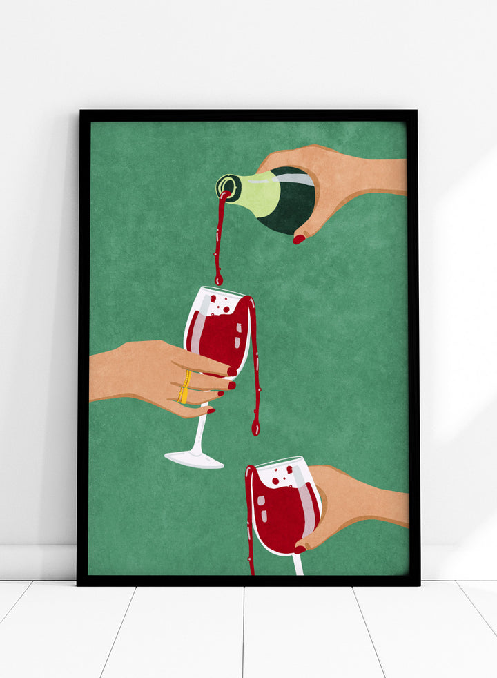 Illustration of hands pouring red wine into glasses on a green background. Cheers Girls by Raissa Oltmanns is a modern wine art print featuring bold red glasses and contemporary girl dinner party wall poster style.