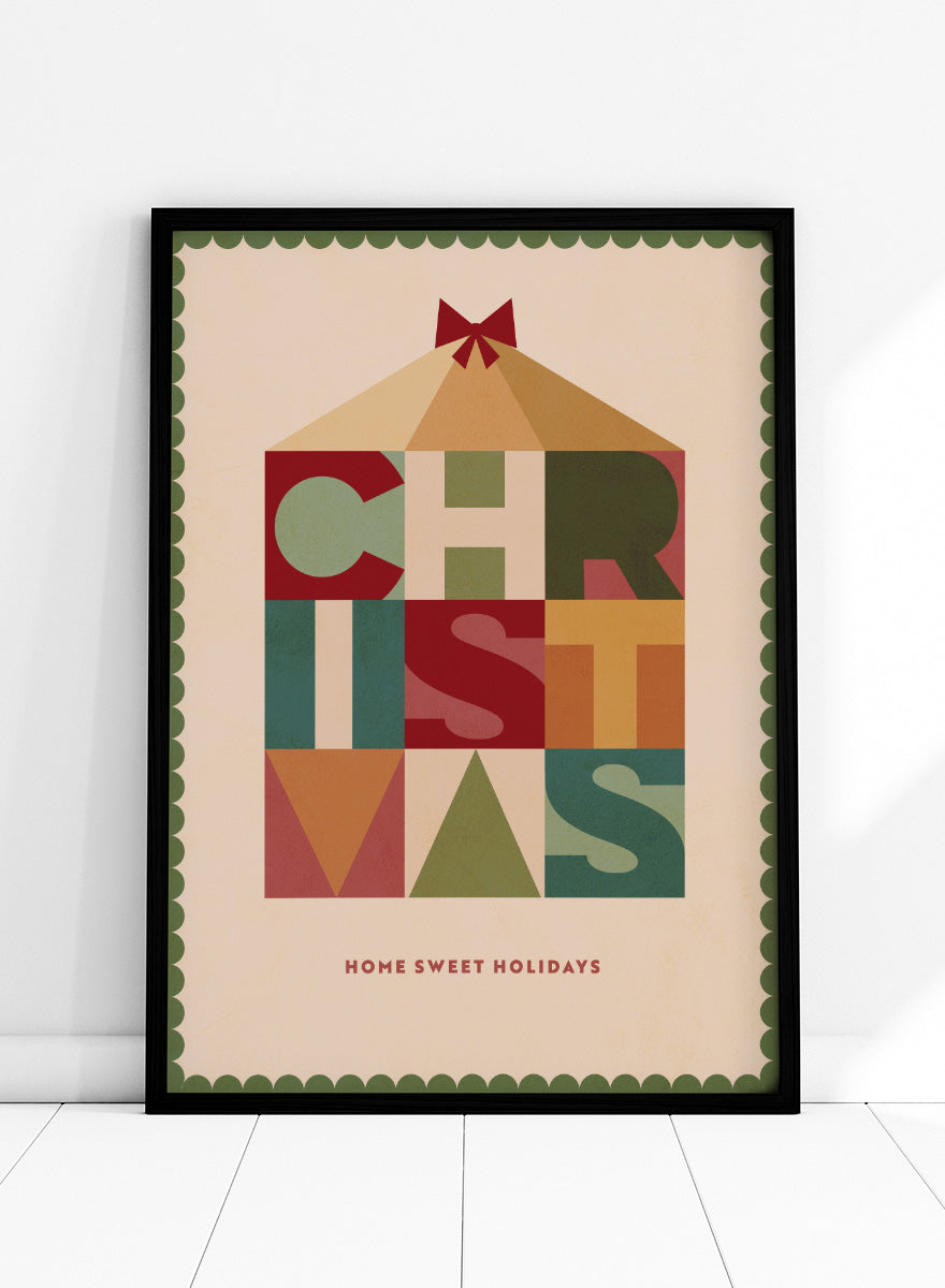 Shop Home Sweet Christmas by Dominique Vari, a retro holiday wall art print poster featuring geometric typography, a festive house, bow, and warm vintage colors.