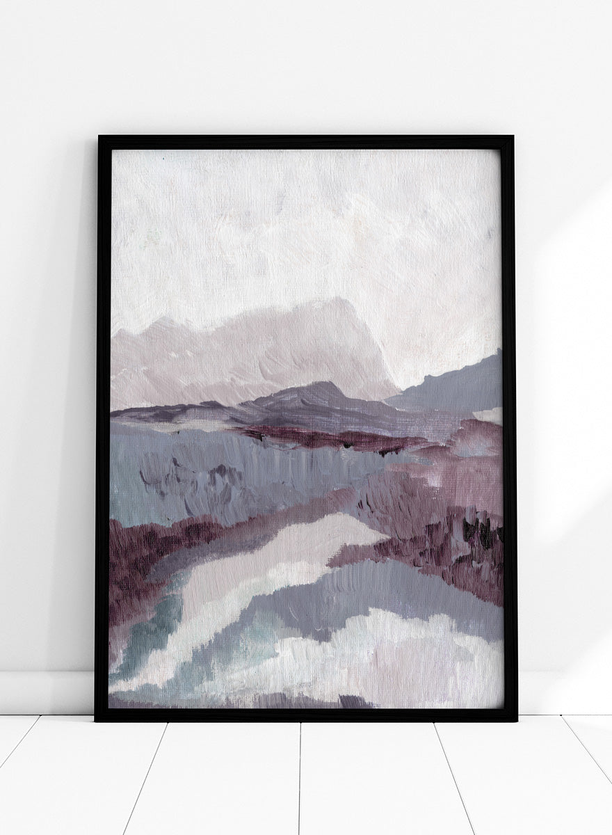 Shop Muted Mountain Landscape by Nikita Jariwala, an abstract mountain wall art print poster featuring misty peaks, layered scenery, and soft purple tones.