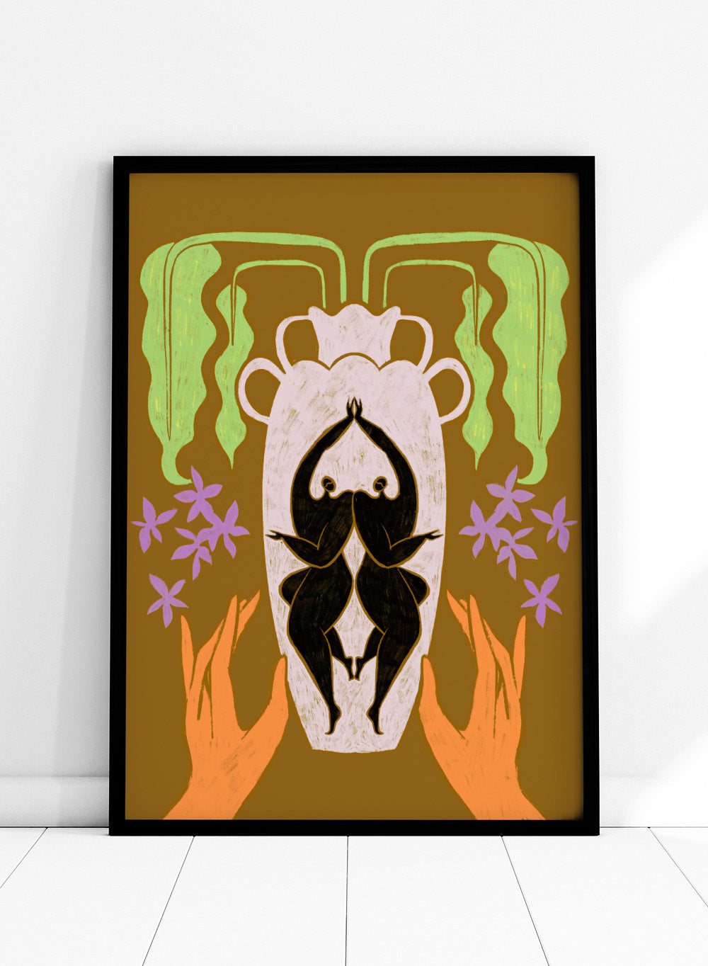 Decorative design with hands holding a vase, flowers, and abstract elements on a brown background. Vessel Collection: Better Together by Arty Guava art print, modern vase wall poster with mirrored figures, contemporary symbolic minimalist illustration.