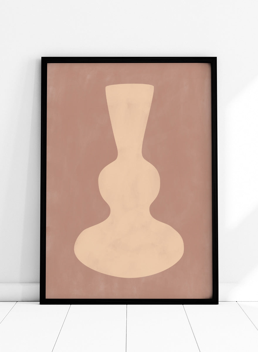 Shop Earthy Abstract Vase by Elena Ristova, a modern minimalist wall art print poster featuring a sculptural cream vase on a warm dusty brown background.