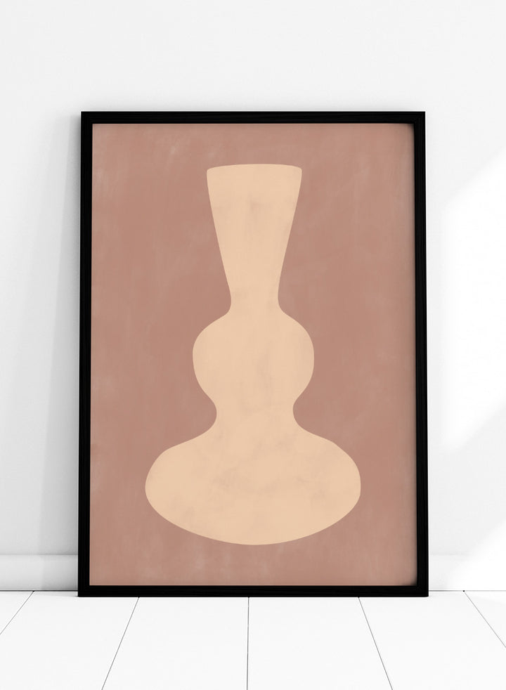 Shop Earthy Abstract Vase by Elena Ristova, a modern minimalist wall art print poster featuring a sculptural cream vase on a warm dusty brown background.