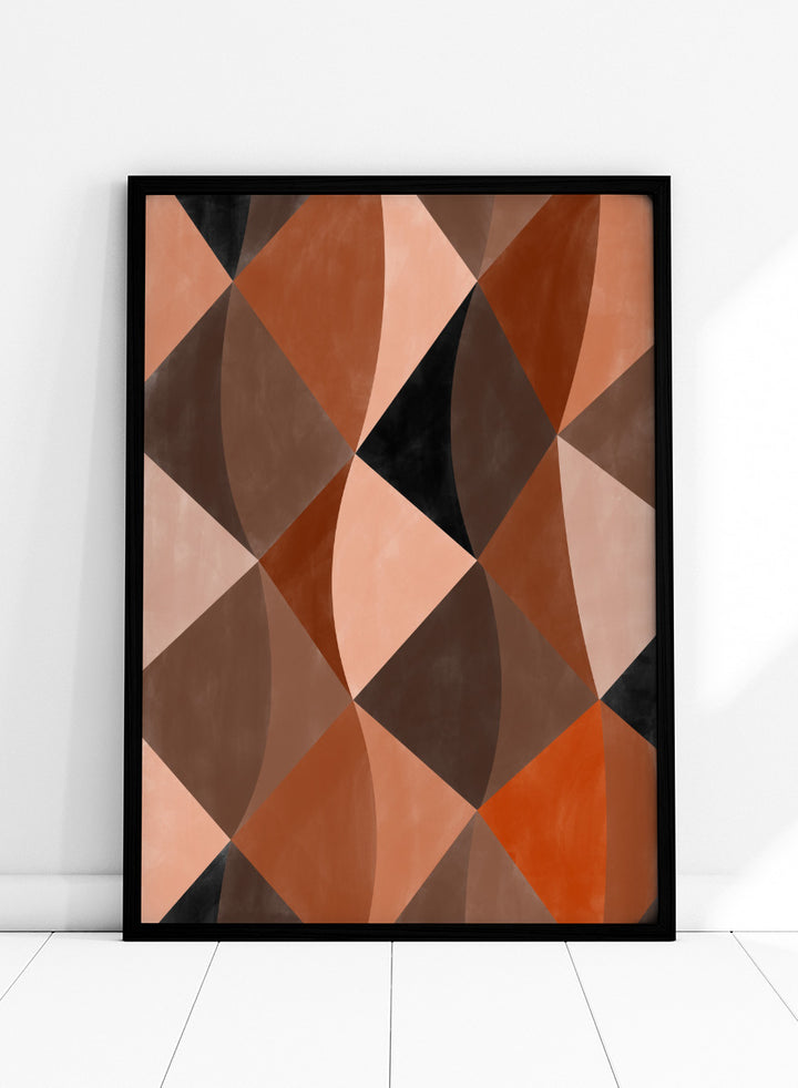 Shop Earthy Geometric Abstraction by Elena Ristova, a modern abstract wall art print poster featuring curved geometric shapes in rust, brown, pink, cream, and black.