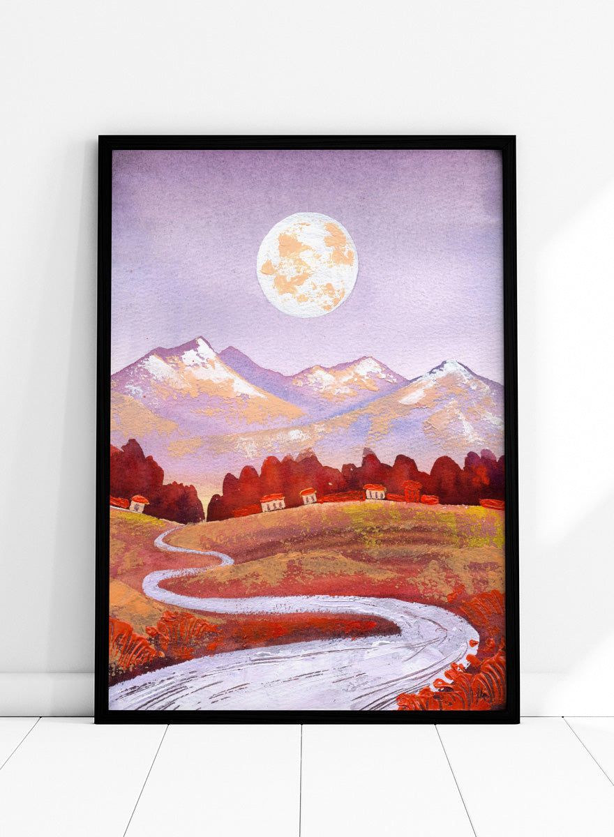 Shop Moonlit Mountain Village by Ekaterina Prisich, a mountain landscape art print featuring a winding road, village homes, a full moon, and soft evening color.