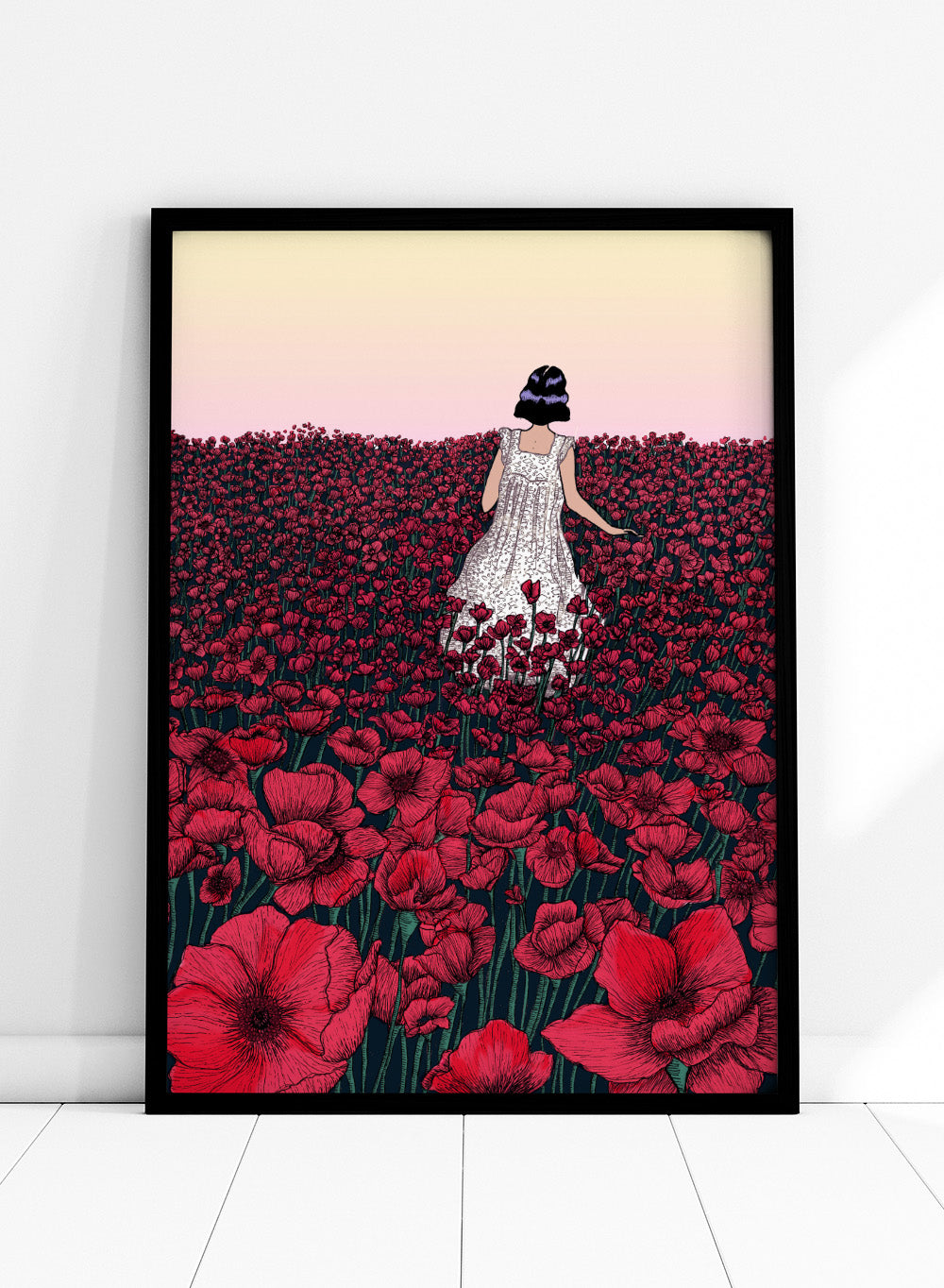 Woman in a white dress standing in a field of red flowers with a gradient sky. Field of Poppies by E.C. Mazur is an officially licensed art print featuring a woman standing in a red poppy field. Illustrated landscape wall poster.
