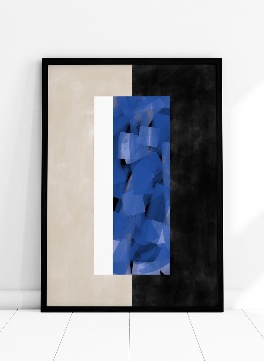 Shop Geometric Blue Layers by Elena Ristova, a modern abstract wall art print poster featuring layered cobalt brushwork, cream blocks, and bold black contrast.