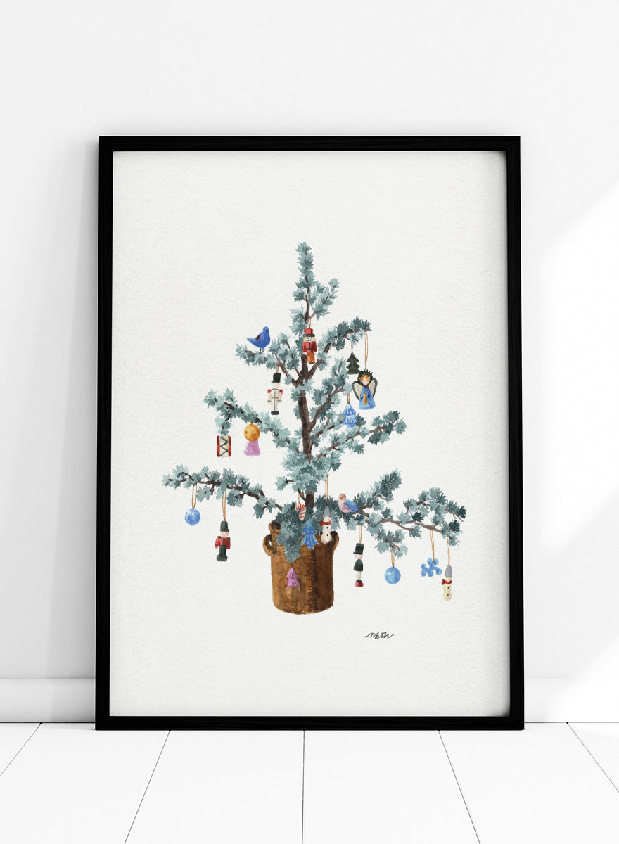 Shop Potted Festive Christmas Tree by NKTN, a Christmas wall art print poster featuring a decorated tree with nutcrackers, birds, bells, and vintage ornaments.