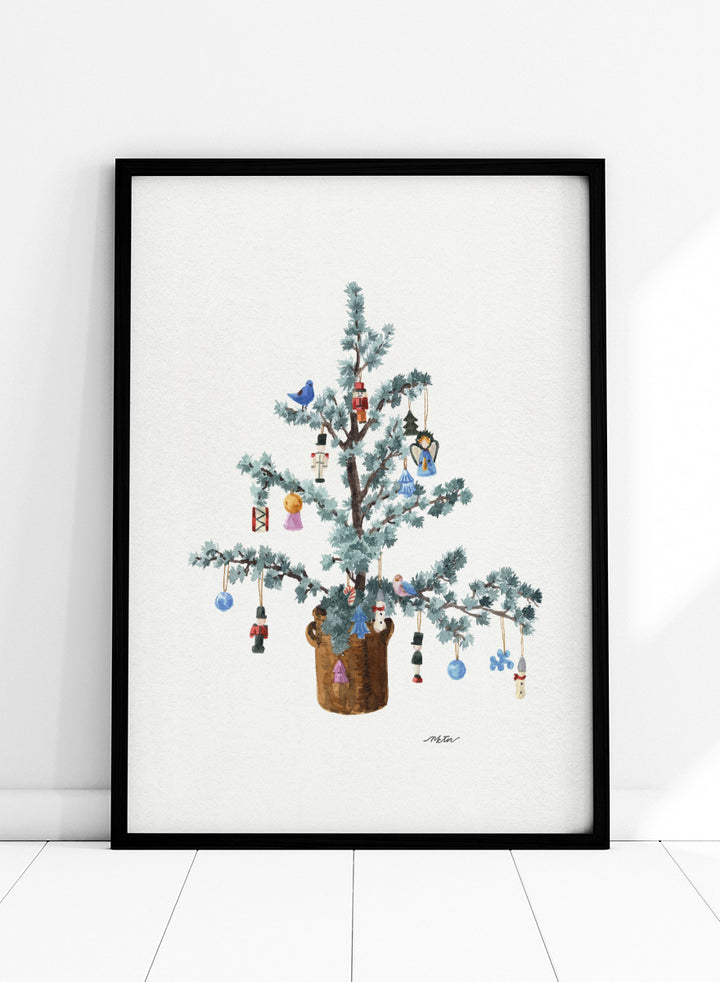 Shop Potted Festive Christmas Tree by NKTN, a Christmas wall art print poster featuring a decorated tree with nutcrackers, birds, bells, and vintage ornaments.