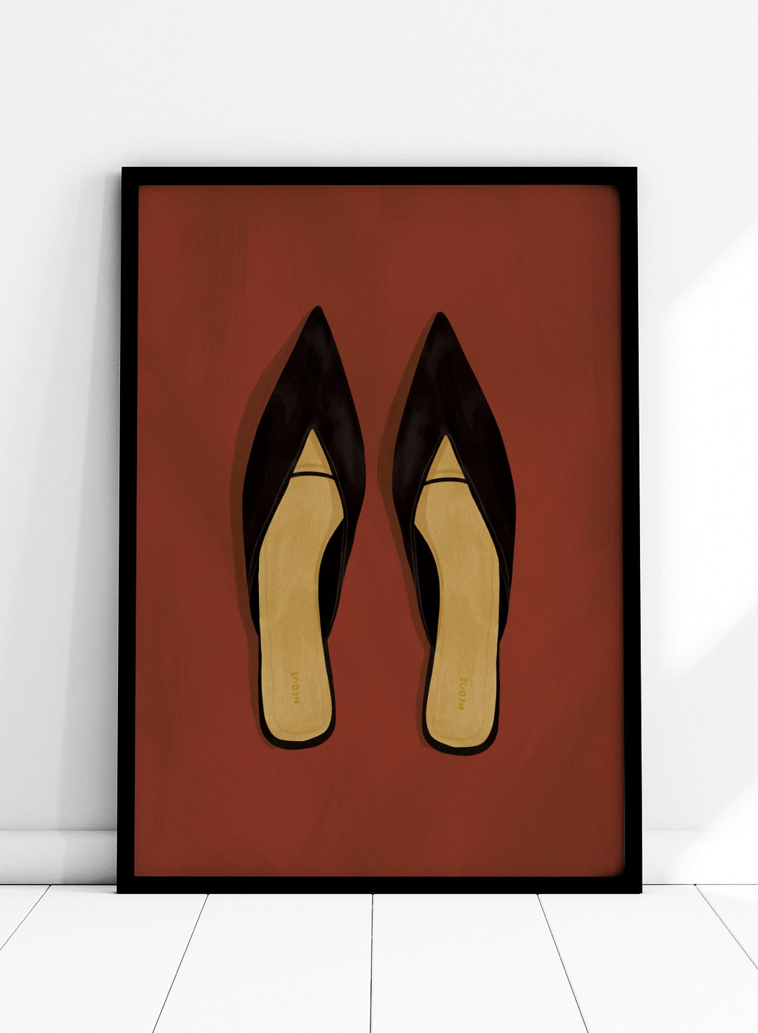 A pair of black pointed-toe flat mules with a contrasting beige insole, displayed flat against a solid reddish-brown background. Chic Black Mules by Lisa Solomoniuk premium framed fine art print featuring pointed black shoes with golden insoles against a rich rust red background.