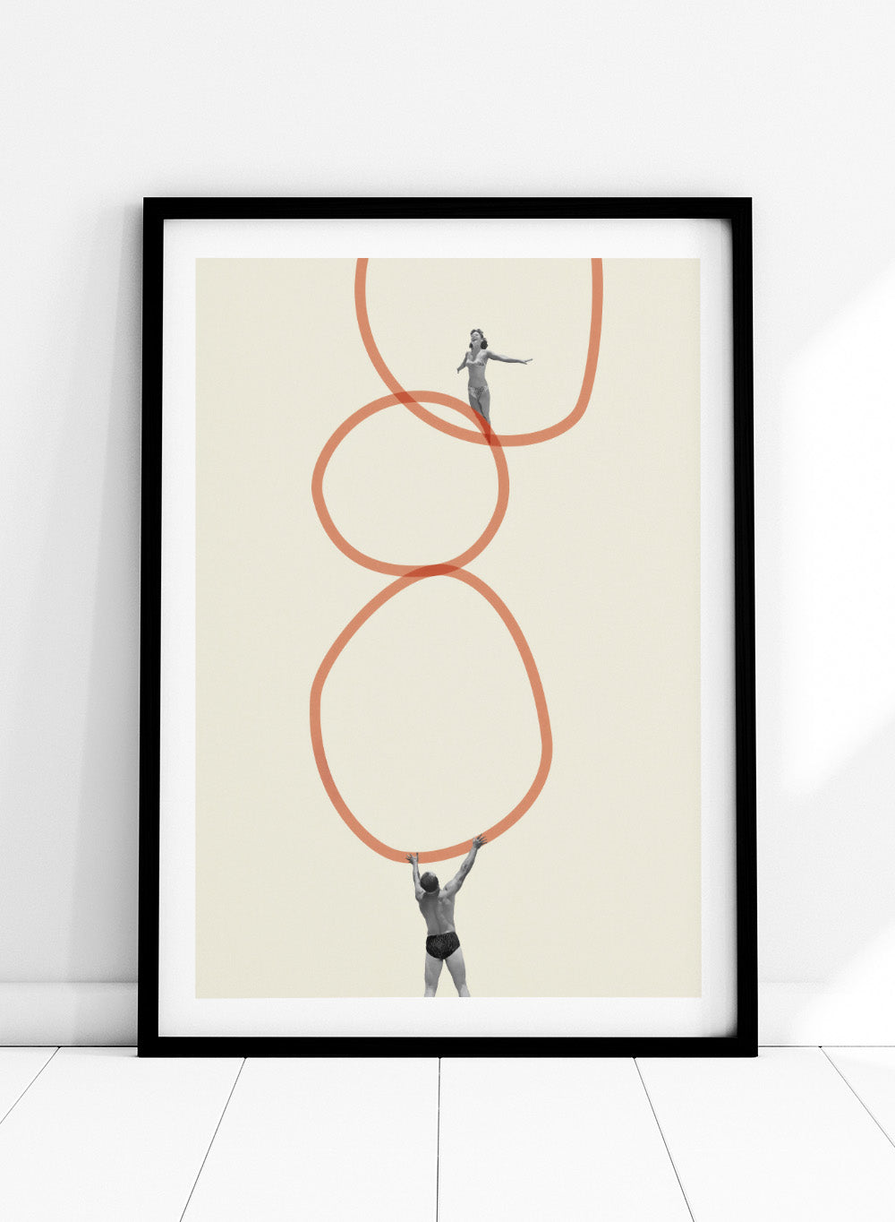 You Make Me Feel Everything by Maarten Léon is a surreal collage art print featuring two figures connected by looping abstract lines. Premium fine art print with real wood framing.