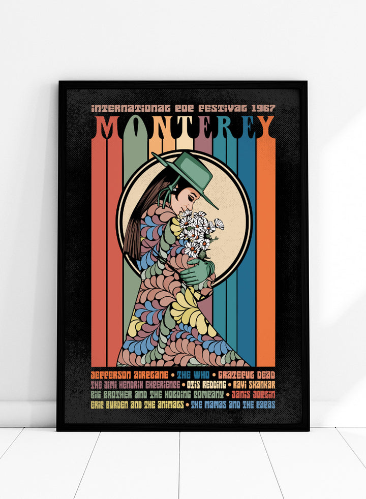 A retro-style concert poster for the 1967 European Tour featuring the band Monterey. The design has a black background with vertical multicolored stripes in orange, green, blue, and beige, surrounding an illustration of a woman in a green hat and patterned dress holding white flowers. Flower Child Festival by Retrodrome retro music art print inspired by the 1967 Monterey Pop Festival, with flower-child imagery and vintage concert poster style.