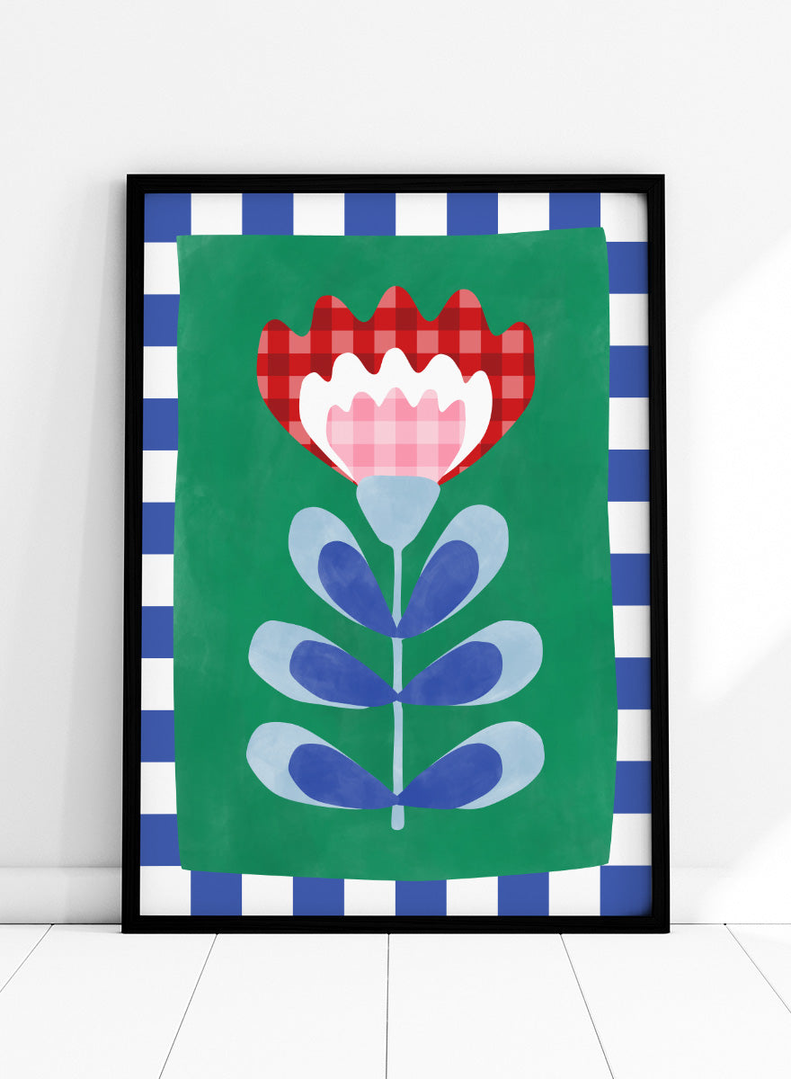 Shop Gingham Folk Flower by Elena Ristova, a colorful floral wall art print poster featuring gingham petals, checkerboard borders, and bold green, red, blue, and pink.