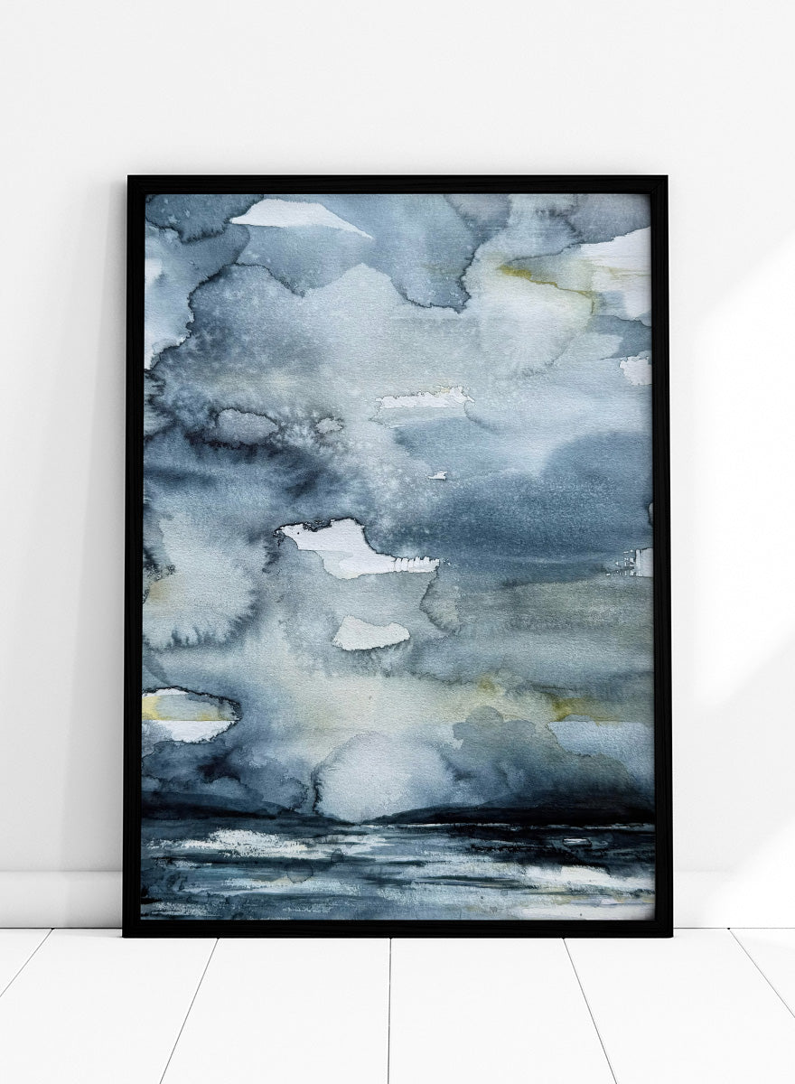 Shop Moody Sea Horizon by Helena Ryhle, a watercolor sea landscape wall art print poster with a blue-grey horizon and atmospheric coastal mood.