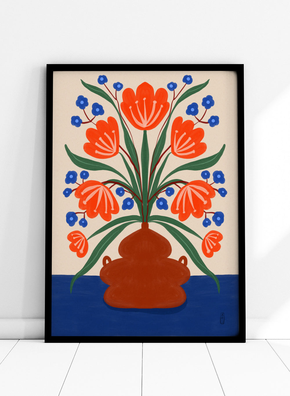 Vibrant Floral Terracotta Vase by Dirkie Nell is a colorful floral art print featuring bold orange flowers, folk inspired illustration, Mediterranean decor, and modern botanical wall art.