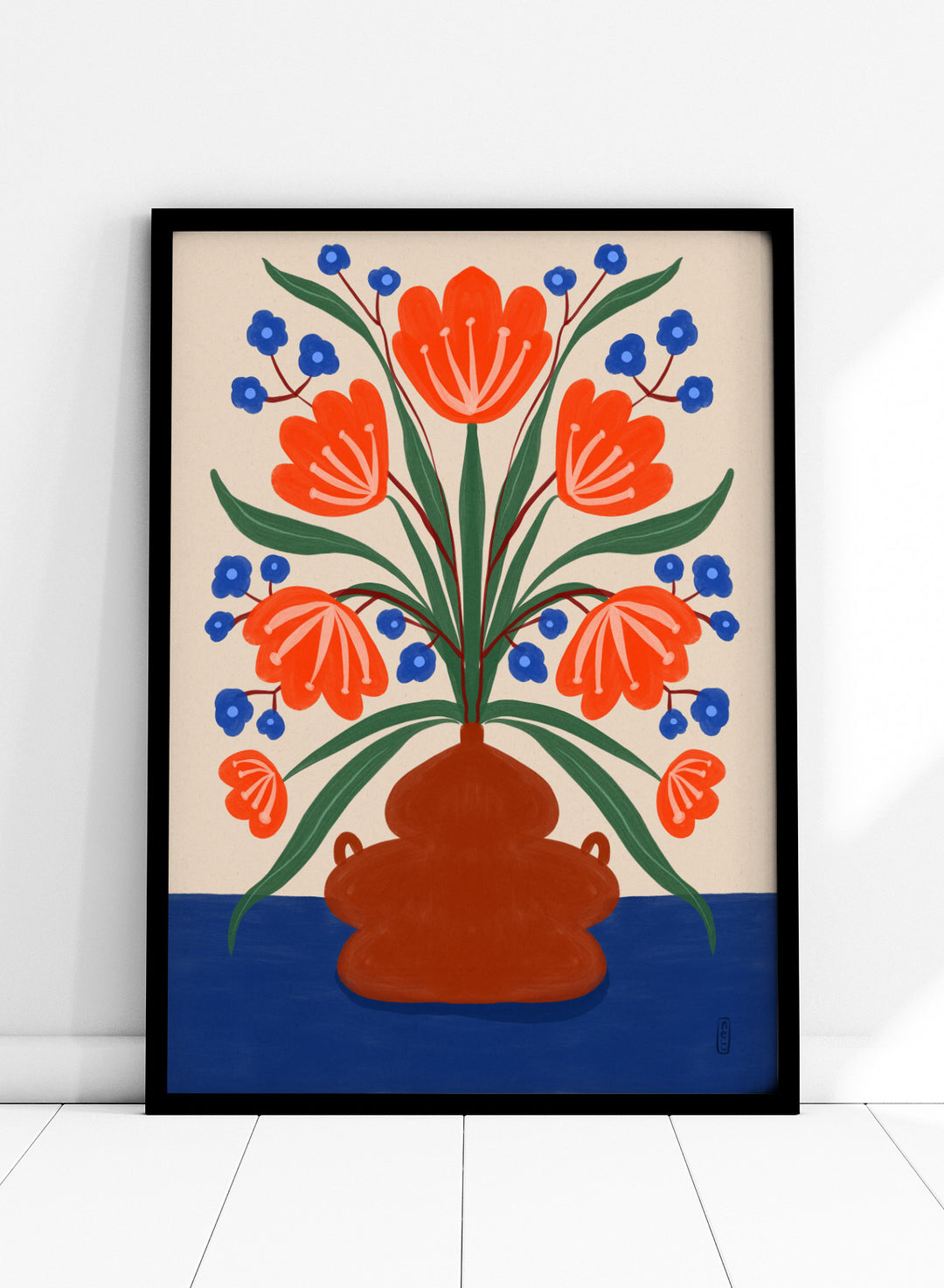 Vibrant Floral Terracotta Vase by Dirkie Nell is a colorful floral art print featuring bold orange flowers, folk inspired illustration, Mediterranean decor, and modern botanical wall art.
