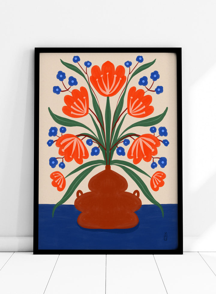 Vibrant Floral Terracotta Vase by Dirkie Nell is a colorful floral art print featuring bold orange flowers, folk inspired illustration, Mediterranean decor, and modern botanical wall art.