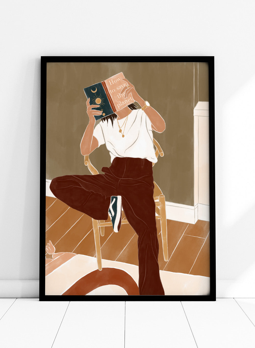 How To Save the Planet by Ivy Green is a modern lifestyle art print featuring a woman reading in a cozy interior. Premium fine art print with optional wood framing.