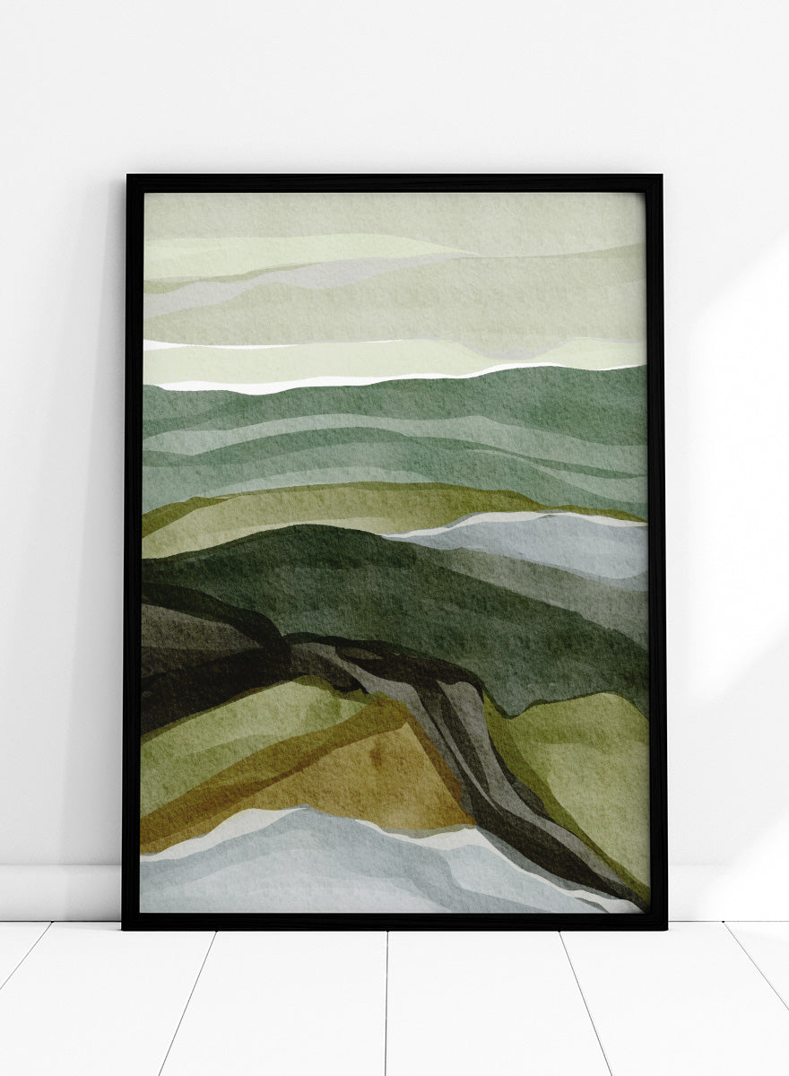 Shop Serene Green Landscape by Nikita Jariwala, a modern abstract landscape art print featuring layered hills, rolling countryside, and soft green, olive, gray, and blue tones.