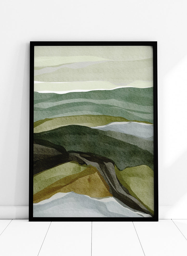 Shop Serene Green Landscape by Nikita Jariwala, a modern abstract landscape art print featuring layered hills, rolling countryside, and soft green, olive, gray, and blue tones.