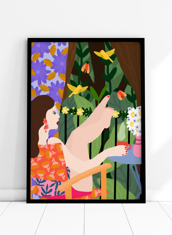 Illustration of a woman sitting by a pool with flowers and birds in a colorful garden setting. Morning on the Balcony by Rafaela Mascaro fine art print poster featuring woman with coffee, birds, lush greenery, botanical scene, modern contemporary wall art.