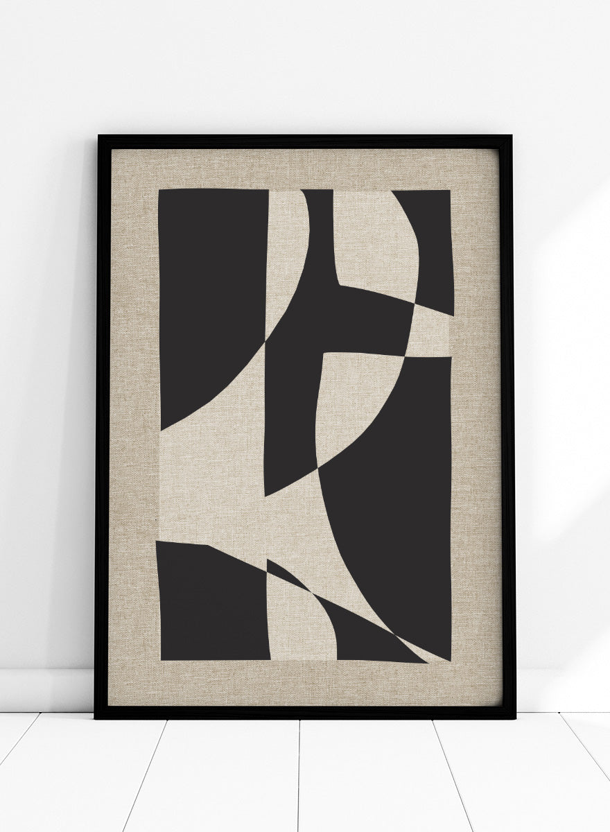 Abstract geometric wall art featuring bold black organic shapes over a warm beige linen-textured background. Shop Skära by Dan Hobday, a contemporary abstract wall art print featuring bold black geometric forms, curved shapes, and warm beige textured tones.