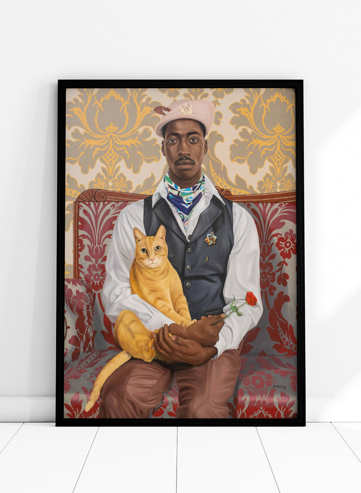 A portrait-style artwork of a Black man seated on a red patterned sofa, holding a yellow-orange cat and a red rose. The background features ornate gold and beige damask wallpaper. Shop Dapper Man Orange Cat Red Rose by Damilare Jamiu, a contemporary portrait wall art print featuring a stylish man, orange cat, red rose, and rich vintage-inspired pattern.