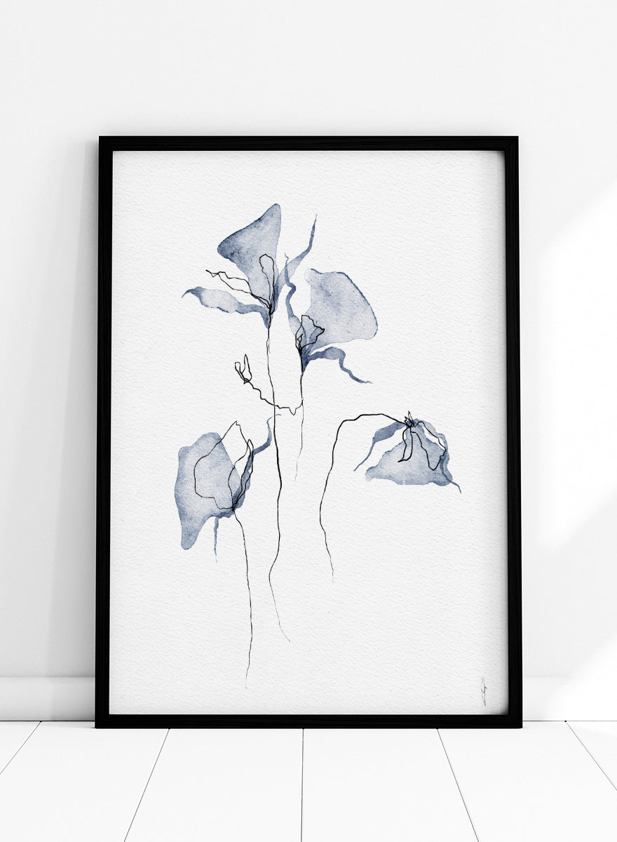 Abstract watercolor painting of three blue-gray calla lilies with fine black line details on a white textured background. Shop Ethereal Blue Flowers by Ankie Kooi, a floral wall art print poster with abstract watercolor flowers, botanical line art, blue, cream, and black.