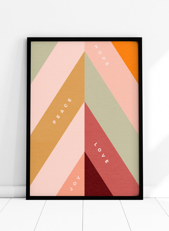 Shop Hope Peace Love Joy by Dominique Vari, a retro holiday wall art print poster featuring geometric shapes, uplifting words, and warm pink, green, red, and ochre tones.